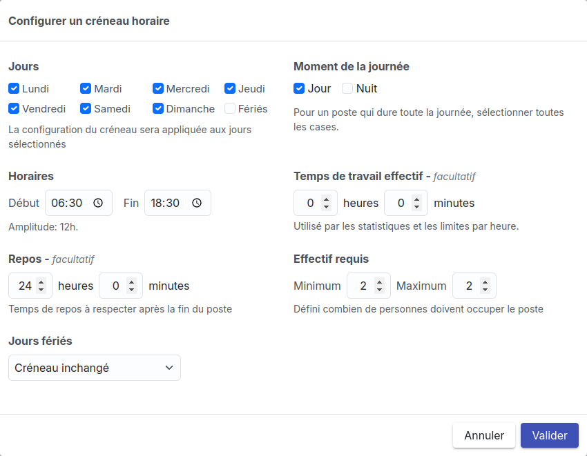 Formulaire de configuration des créneaux horaires du poste garde jour.