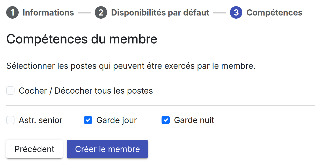 Section compétences du formulaire de création de membre.